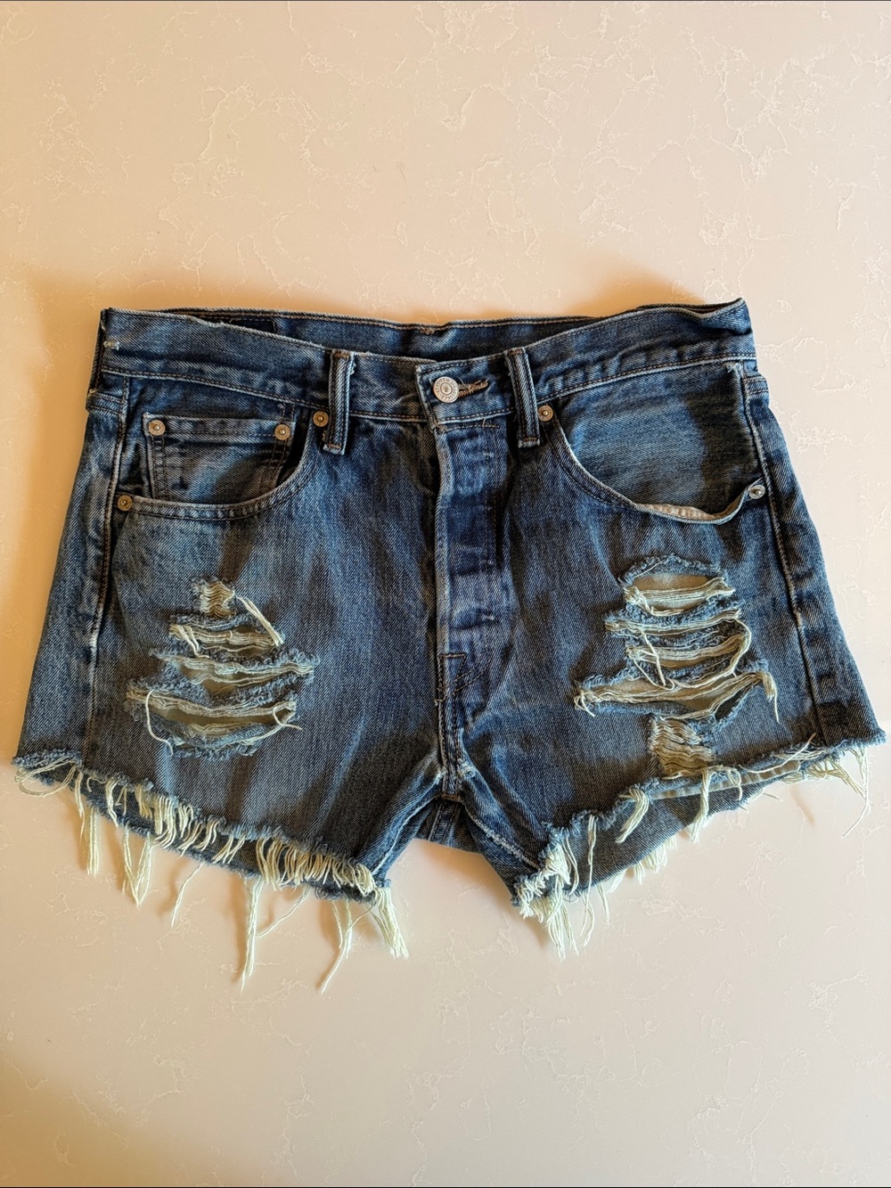 Levi’s women’s Distressed Denim High-Waist Shorts - Blue button front fly